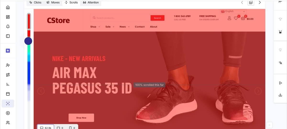 Hotjar website heatmap showing user interaction and scroll depth.